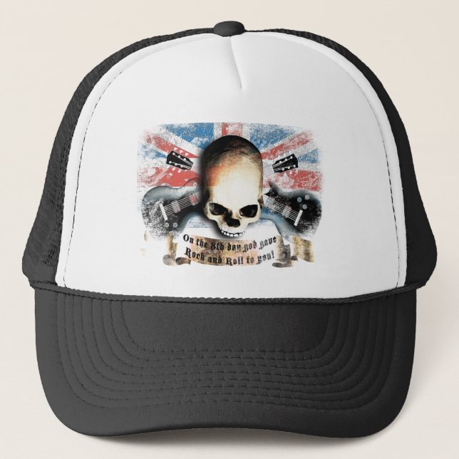 rock and roll skull flag and guitars trucker hat (Front)