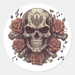 rock and roll-themed tattoo with a skull classic round sticker