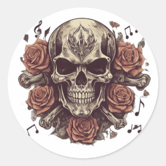 rock and roll-themed tattoo with a skull classic round sticker