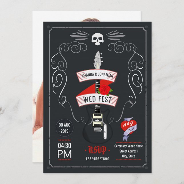 Rock and Roll Wedding chalkboard photo Invitation (Front/Back)