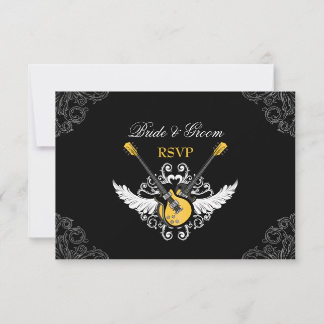 Rock and Roll Wedding Yellow Black RSVP card (Front)