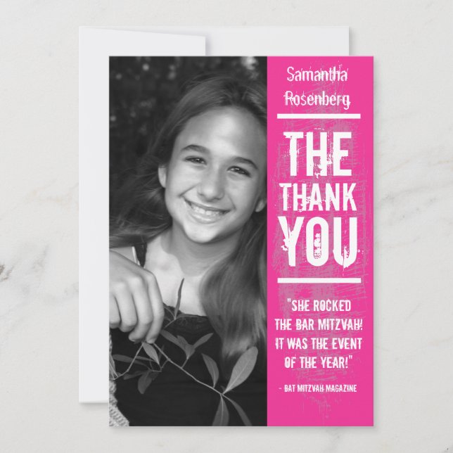 Rock Band Bat Mitzvah Thank You Card in Pink (Front)
