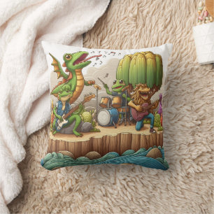 Rock Band of Frogs and Dragons Playing by the Sea Cushion