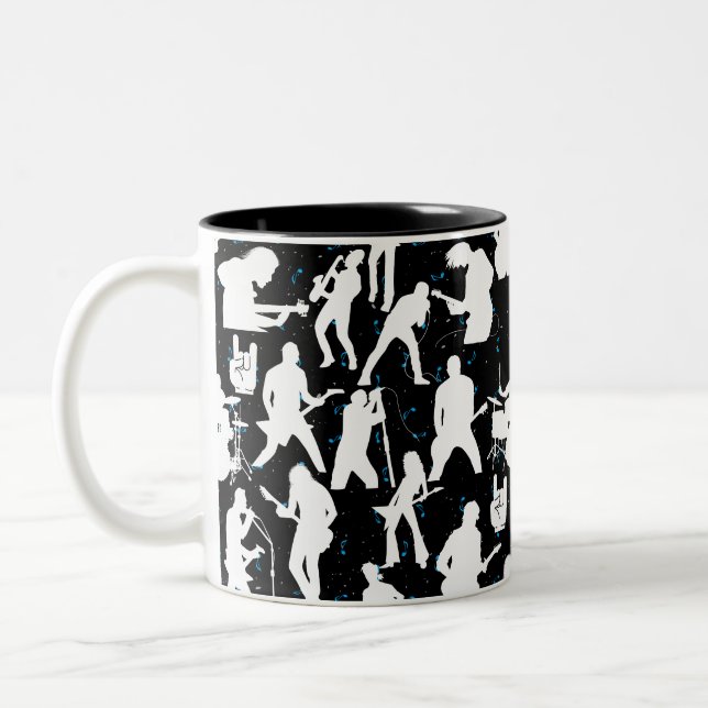 Rock Band Silhouette Pattern.w Black BG Two-Tone Coffee Mug (Left)