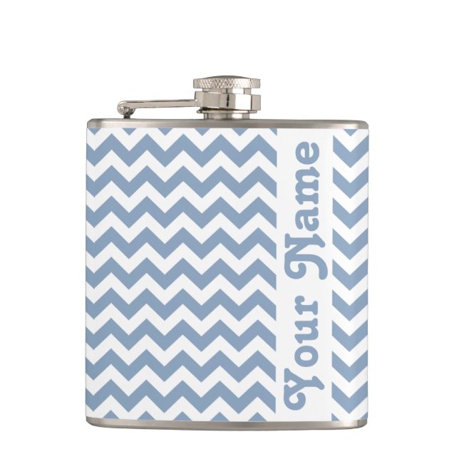 Rock Blue Safari Chevron with customisable name Hip Flask (Front)