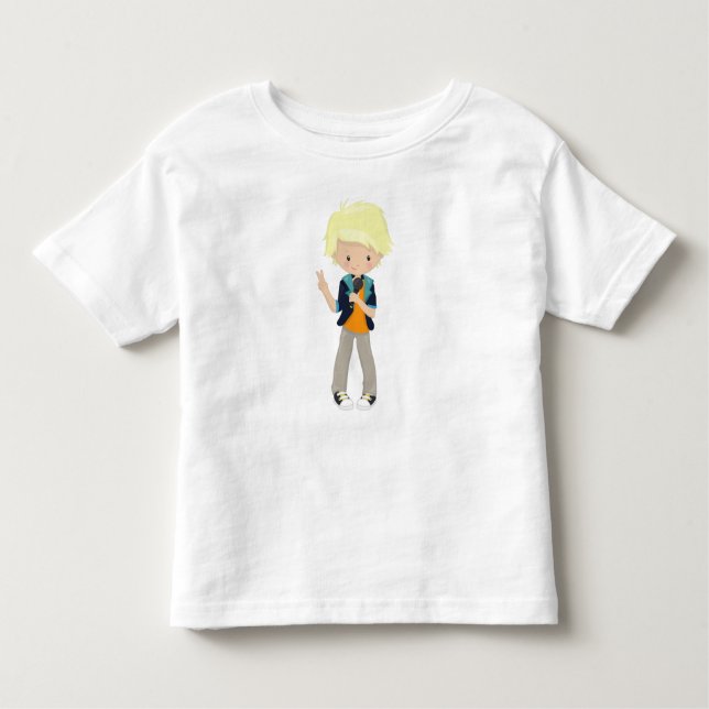Rock Boy, Blonde Hair, Band Singer, Microphone Toddler T-Shirt (Front)