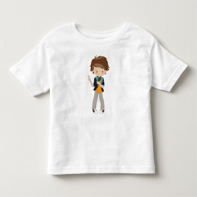 Rock Boy, Brown Hair, Band Singer, Microphone Toddler T-Shirt (Front)
