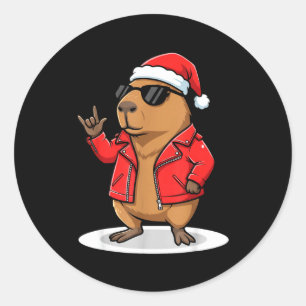 Rock Capybara Xmas Santa Men Women Kids Funny Ugly Classic Round Sticker