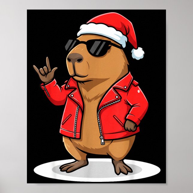 Rock Capybara Xmas Santa Men Women Kids Funny Ugly Poster (Front)