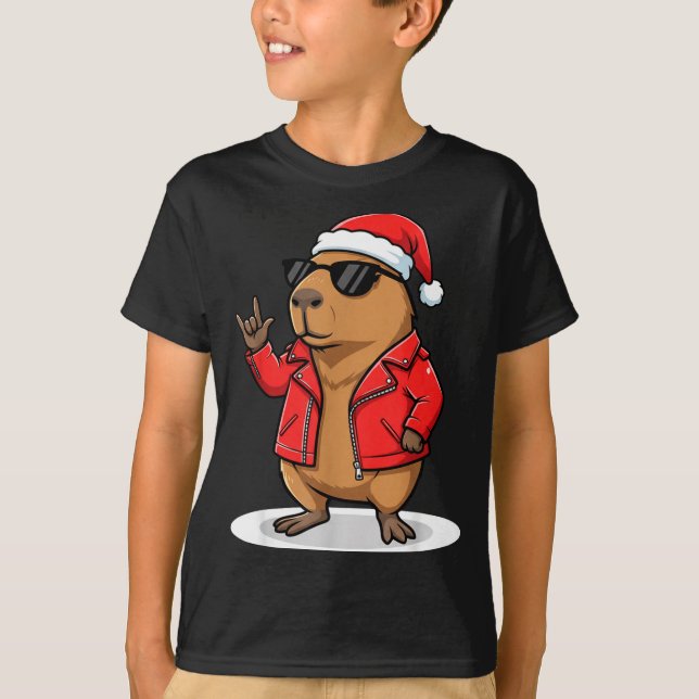 Rock Capybara Xmas Santa Men Women Kids Funny Ugly T-Shirt (Front)