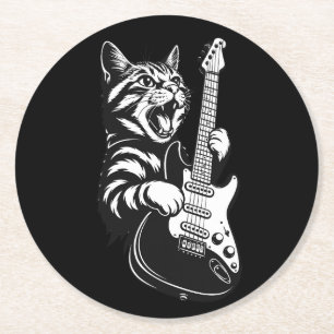 Rock Cat Playing Electric Guitar Cool Music Love Round Paper Coaster