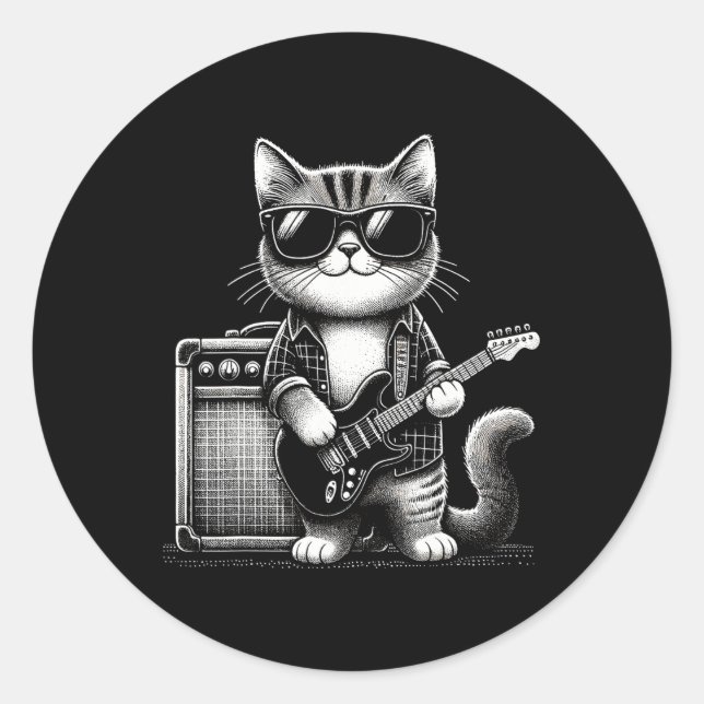 Rock Cat Playing Guitar  Classic Round Sticker (Front)