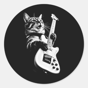 Rock Cat Playing Guitar - Funny Guitar Cat 1 Classic Round Sticker