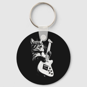 Rock Cat Playing Guitar - Funny Guitar Cat 1 Key Ring