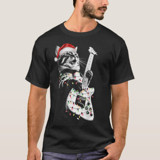 Rock Cat Playing Guitar Funny Guitar Cat Christmas T-Shirt