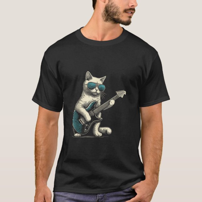 Rock Cat Playing Guitar Funny Guitarist Cat Tank T (Front)