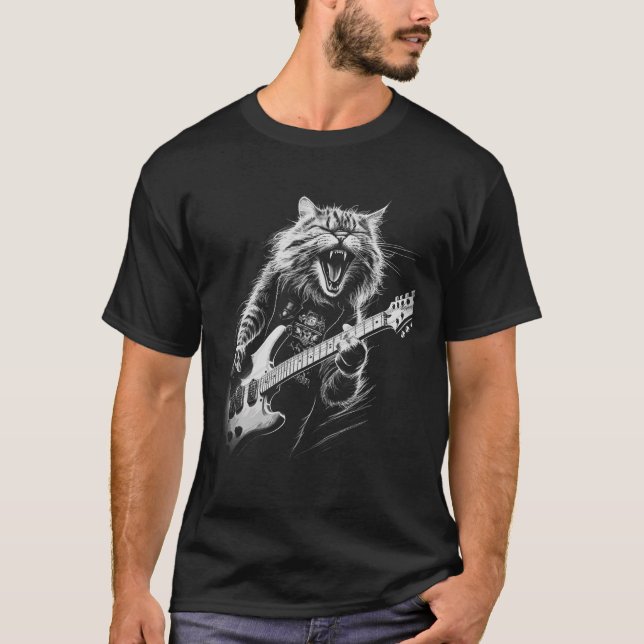 Rock Cat Playing Guitar mens woman Funny Guitar Ca T-Shirt (Front)