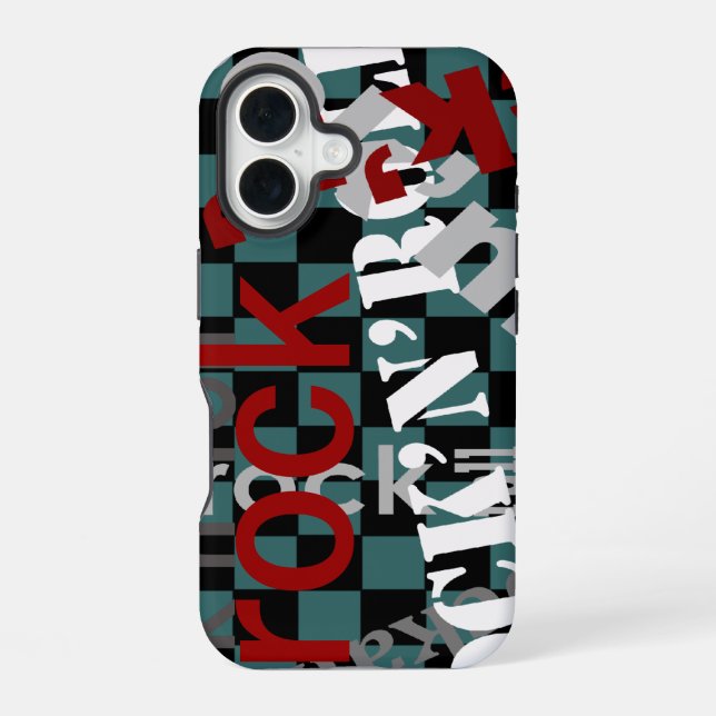 rock chequered typography iPhone 16 case (Back)
