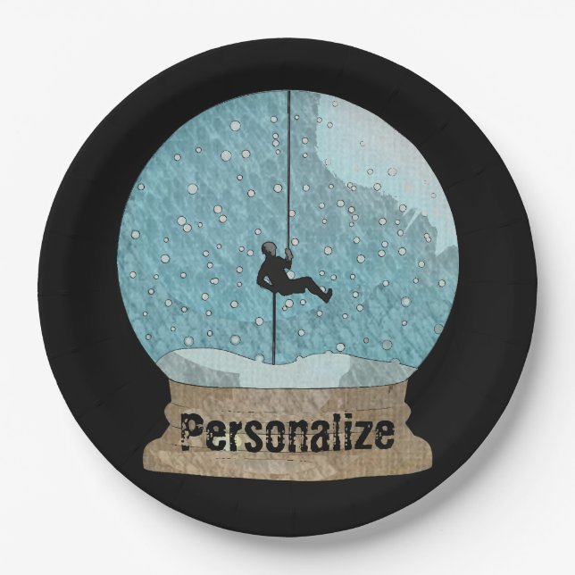 Rock climber rope repelling snow globe unique paper plate (Front)