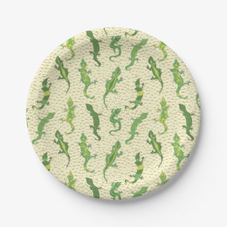 Rock Climbing Geckos on yellow - seamless pattern. Paper Plate