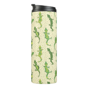 Rock Climbing Geckos on yellow - seamless pattern. Thermal Tumbler