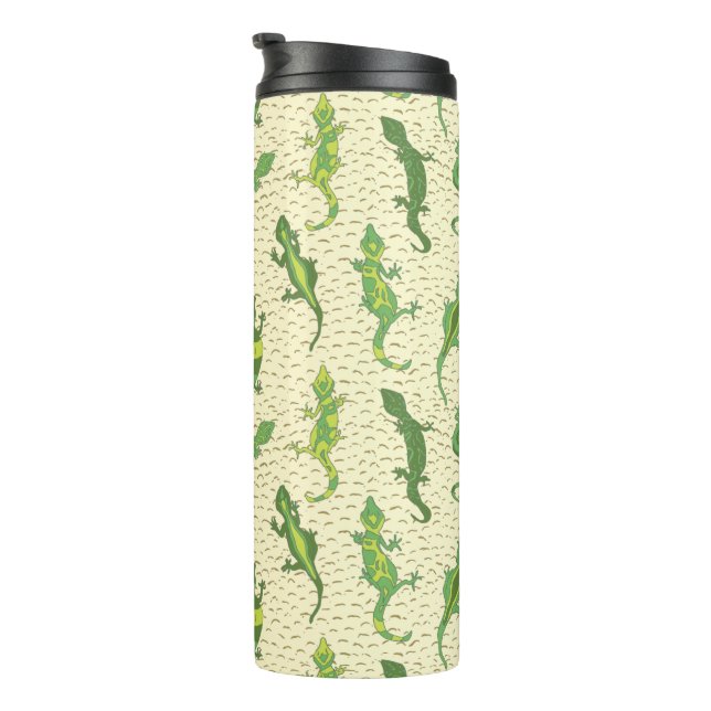 Rock Climbing Geckos on yellow - seamless pattern. Thermal Tumbler (Rotated Right)