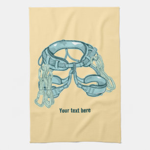 Rock climbing harness with quick draws tea towel