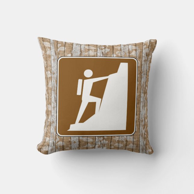 Rock Climbing Symbol Sign on Wood Cushion (Front)