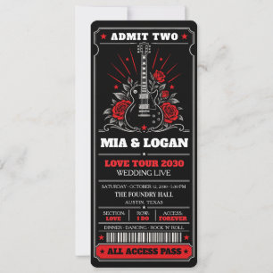 Rock Concert Ticket Black Red Guitar Roses Wedding Invitation