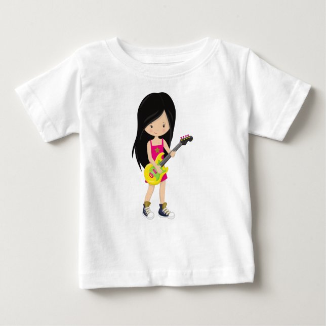 Rock Girl, Black Hair, Band, Music, Guitar Player Baby T-Shirt (Front)