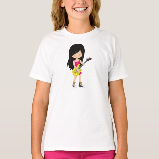 Rock Girl, Black Hair, Band, Music, Guitar Player T-Shirt (Front)