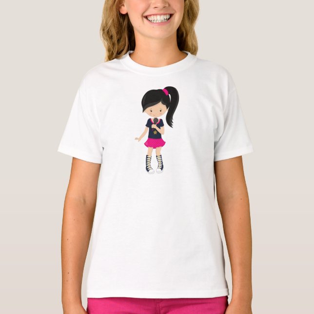Rock Girl, Black Hair, Microphone, Band Singer T-Shirt (Front)