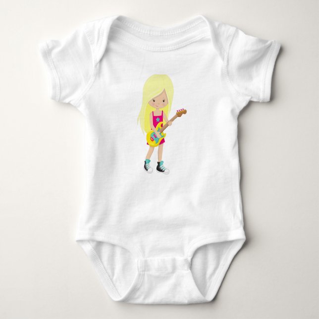 Rock Girl, Blonde Hair, Guitar Player, Band, Music Baby Bodysuit (Front)