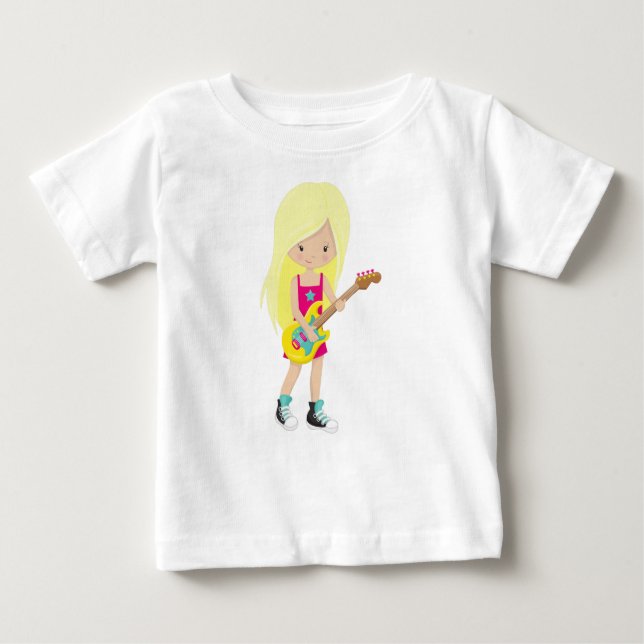 Rock Girl, Blonde Hair, Guitar Player, Band, Music Baby T-Shirt (Front)