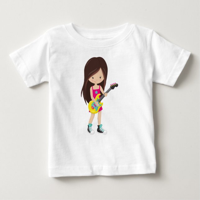 Rock Girl, Brown Hair, Guitar Player, Band, Music Baby T-Shirt (Front)