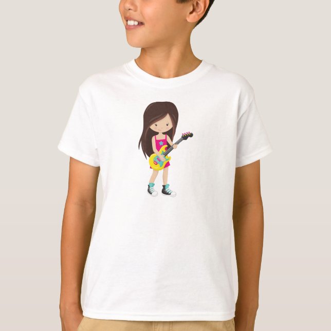 Rock Girl, Brown Hair, Guitar Player, Band, Music T-Shirt (Front)