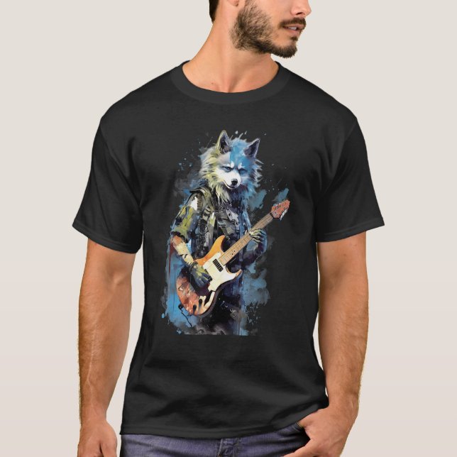 Rock Guitar Alaskan Klee Kai Dog Guitarist T-Shirt (Front)