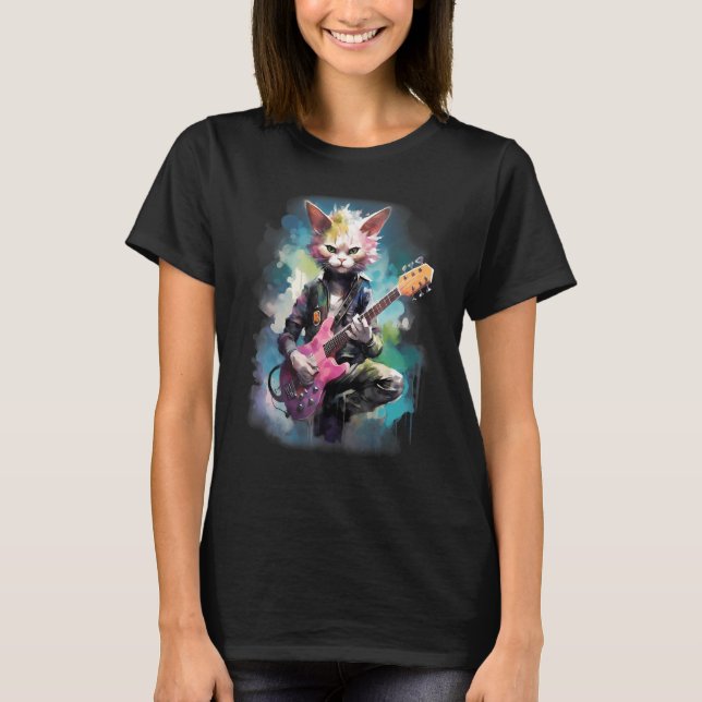 Rock Guitar Devon Rex Cat Guitarist T-Shirt (Front)