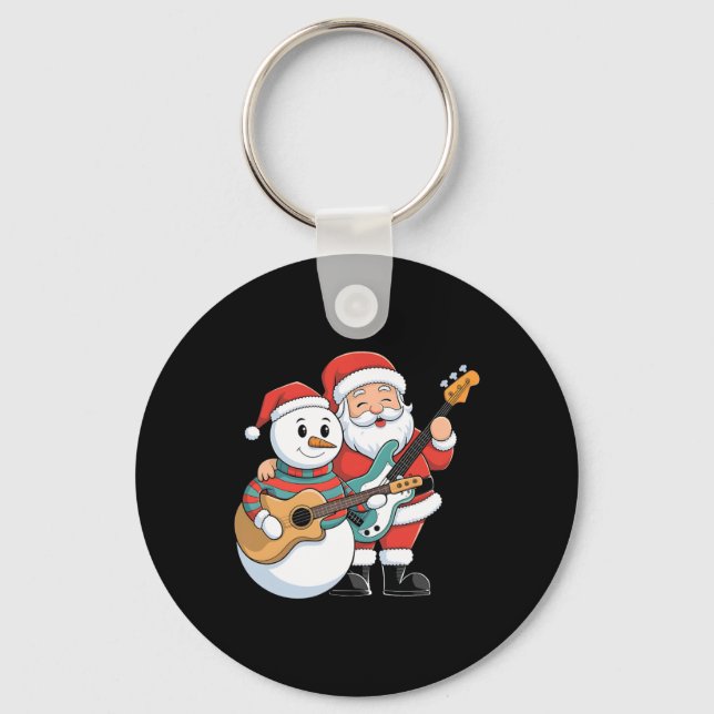 Rock Guitar Snowman And Santa Claus Playing Guitar Key Ring (Front)