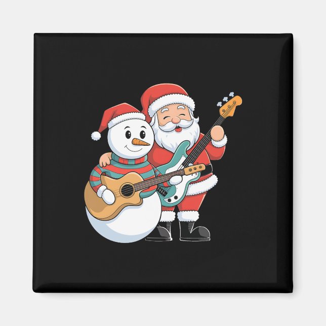 Rock Guitar Snowman And Santa Claus Playing Guitar Magnet (Front)