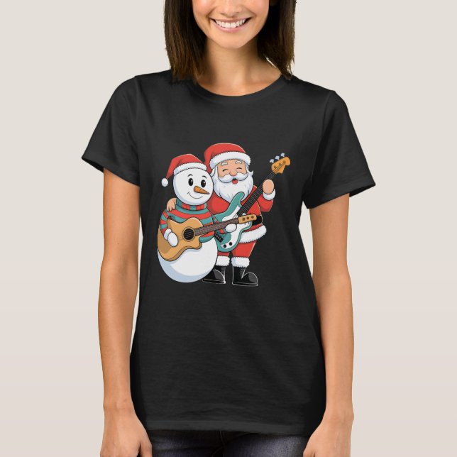 Rock Guitar Snowman And Santa Claus Playing Guitar T-Shirt (Front)