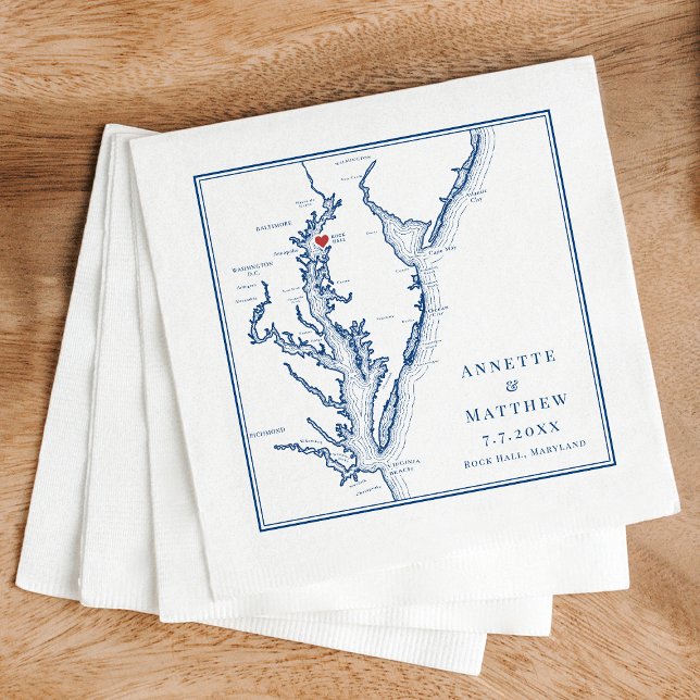 Rock Hall Maryland Map Elegant Navy Blue Wedding Napkin (Rock Hall Maryland Personalized Napkins for an elegant navy blue wedding from Coastal Map Designs)