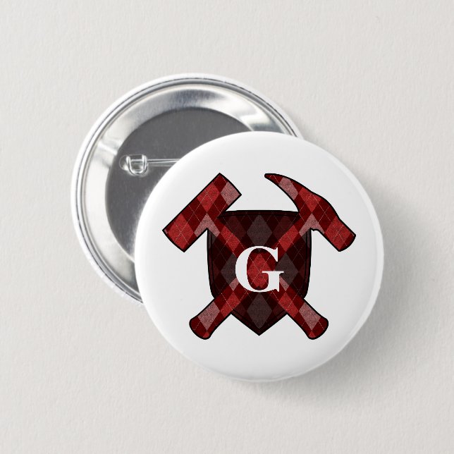 Rock Hammer Shield- Red Argyle Monogram 6 Cm Round Badge (Front & Back)