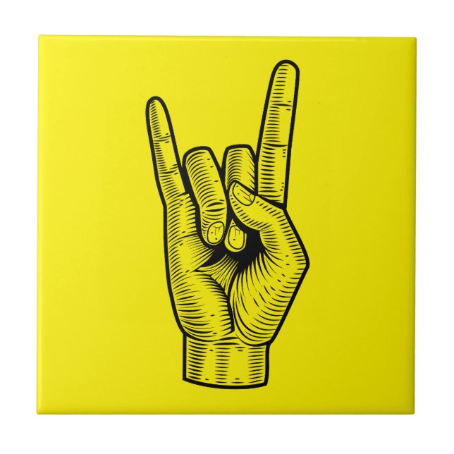 Rock Hand Sign - Retro Hand-Drawn Illustration on  Ceramic Tile (Front)