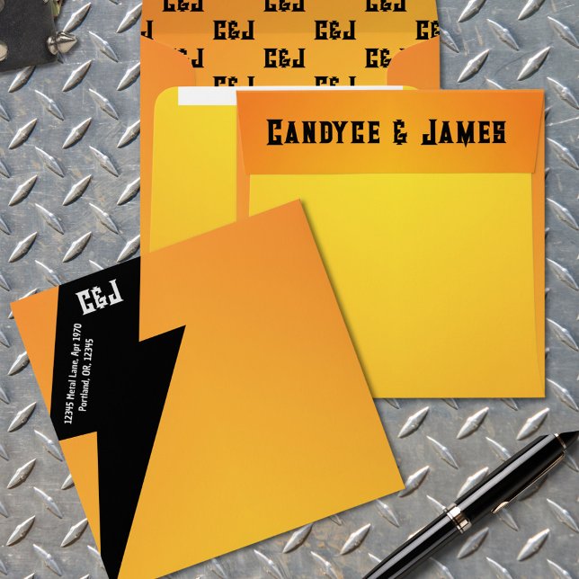 Rock Metal Lightning Bolt Flame Envelope (Flame color metal style envelope with monogram and lightning bolt)