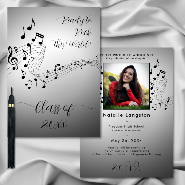 Rock Music Black White Photo Graduate Announcement (Creator Uploaded)