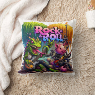 Rock Musicians With Animal Characters in Forest Cushion
