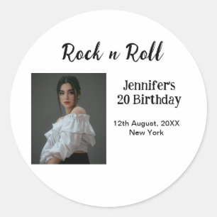 Rock n roll 20th birthday girl photo elegant moder classic round sticker