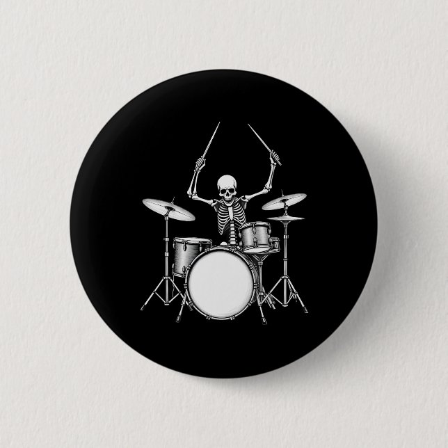 Rock N Roll Drummer Skeleton Playing Drums  6 Cm Round Badge (Front)