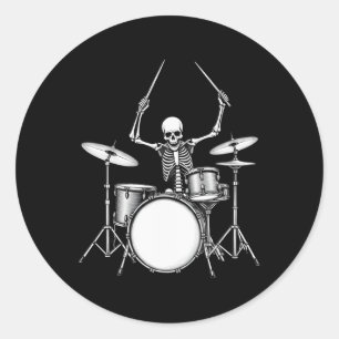 Rock N Roll Drummer Skeleton Playing Drums Classic Round Sticker